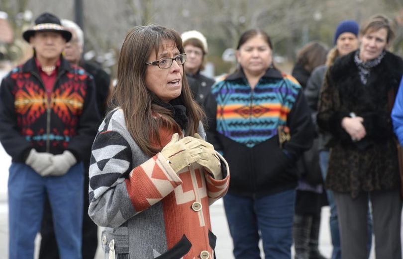 Carol Evans, chairwoman of the Spokane Tribal Business Council, speaks about the tribe’s objections to the expansion of the ski area at Mount Spokane last month at Riverfront Park in Spokane. See story below. (Jesse Tinsley / The Spokesman-Review)