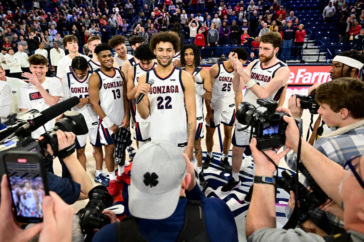 Gonzaga Bulldogs forward Anton Watson (22) gives his Senior Night speech after the second half of a college basketball game on Wednesday, March 1, 2023, at McCarthey Athletic Center in Spokane, Wash. Gonzaga won the game 104-65.  (Tyler Tjomsland/The Spokesman-Review)
