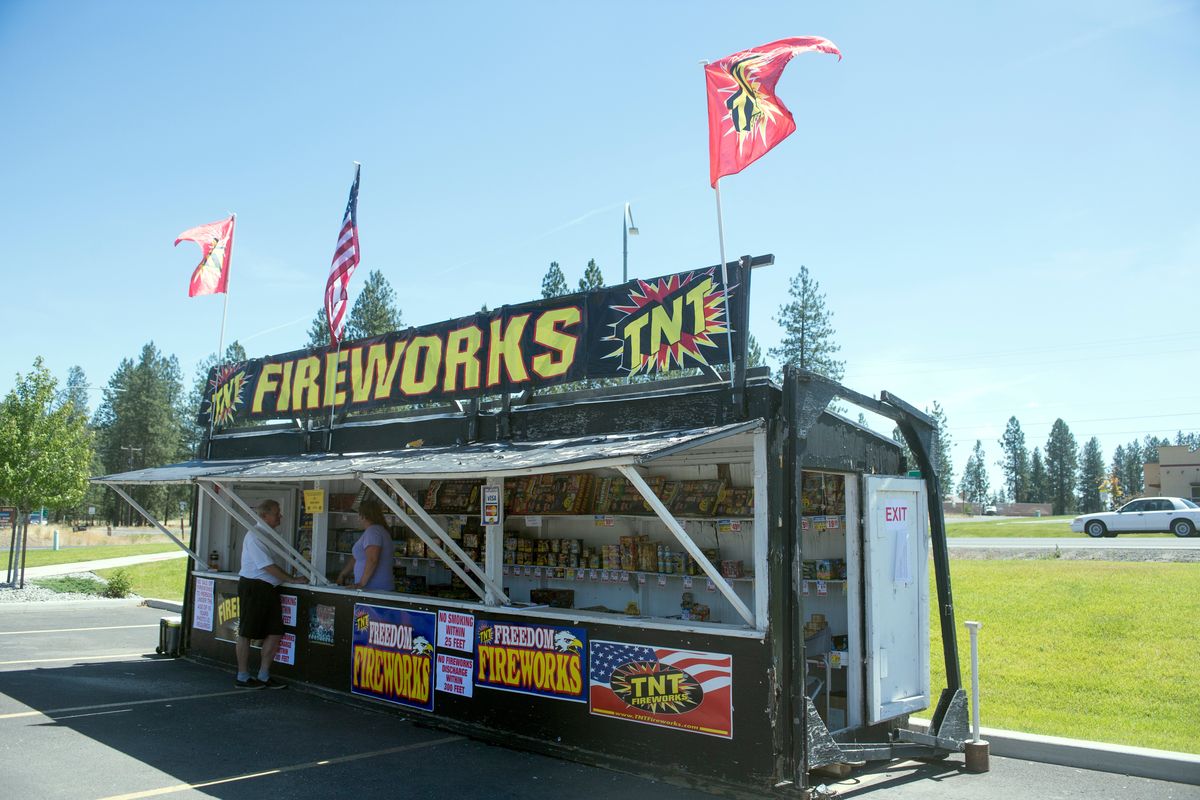 This fireworks stand, selling the standard non-aerial fireworks for the holiday, is in the parking lot of Rosauers in Nine Mile, just over the county line in Stevens County, Friday, June 30, 2017. The stand is an annual fundraiser for the Lakeside High School football team. But it is illegal to bring them back into Spokane County, which has made all fireworks, of any kind, illegal. Jesse Tinsley/THE SPOKESMAN-REVIEW  (JESSE TINSLEY)
