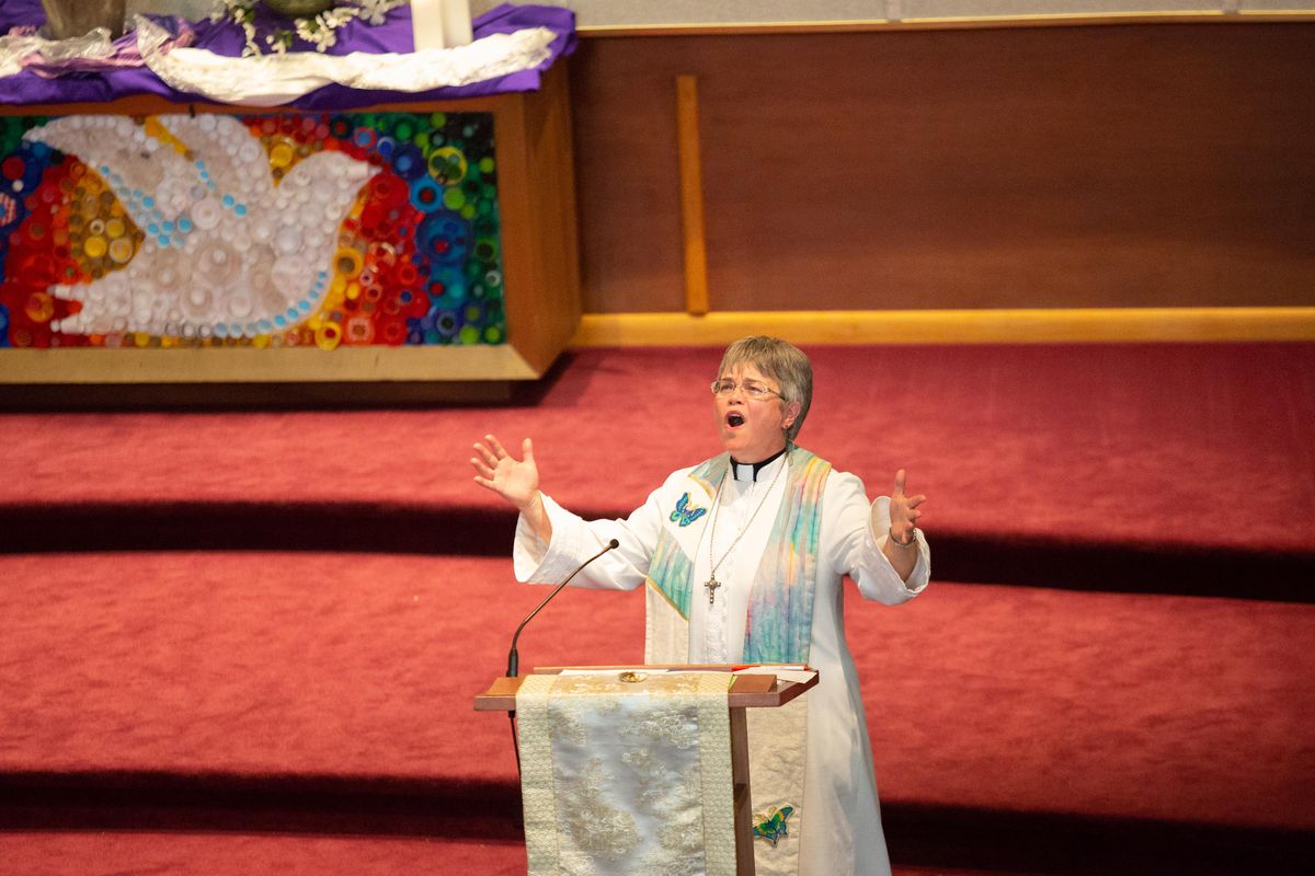 Rev. Andrea CastroLang delivers a reflection to the congregation of Westminster Congregational United Church of Christ on May 26, 2019 in Spokane, Wash. The Sunday celebration marked 140 years of Westminster