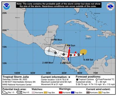 Tropical Storm Julia's cone of uncertainty as of 8 a.m. ET on Saturday, Oct. 8 2022.   (National Hurricane Center)