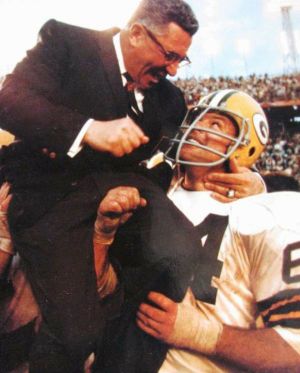 Jerry Kramer, who grew up playing for the Sandpoint High Bulldogs and University of Idaho Vandals, holds up legendary Green Bay Packers coach Vince Lombardi after one of many Packer victories. (Jerry Kramer for Football Hall of Fame Facebook page)