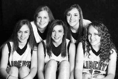 
The seniors on the Liberty High School basketball team are, back row from left, Cami Bullock and Caitlin Jeske, and front from left,  Shawn Hennessey, Laura Davis and Andrea Collins. 
 (Photo courtesyof Lori Konshuk / The Spokesman-Review)