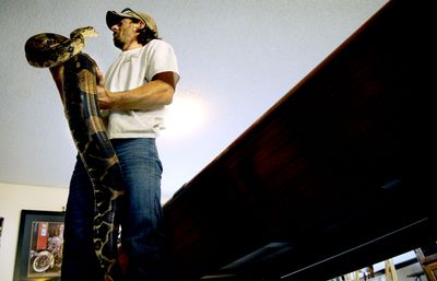 Matt Harrington, of Coeur d’Alene, holds Hercules, an 8-foot boa constrictor.  (File / The Spokesman-Review)