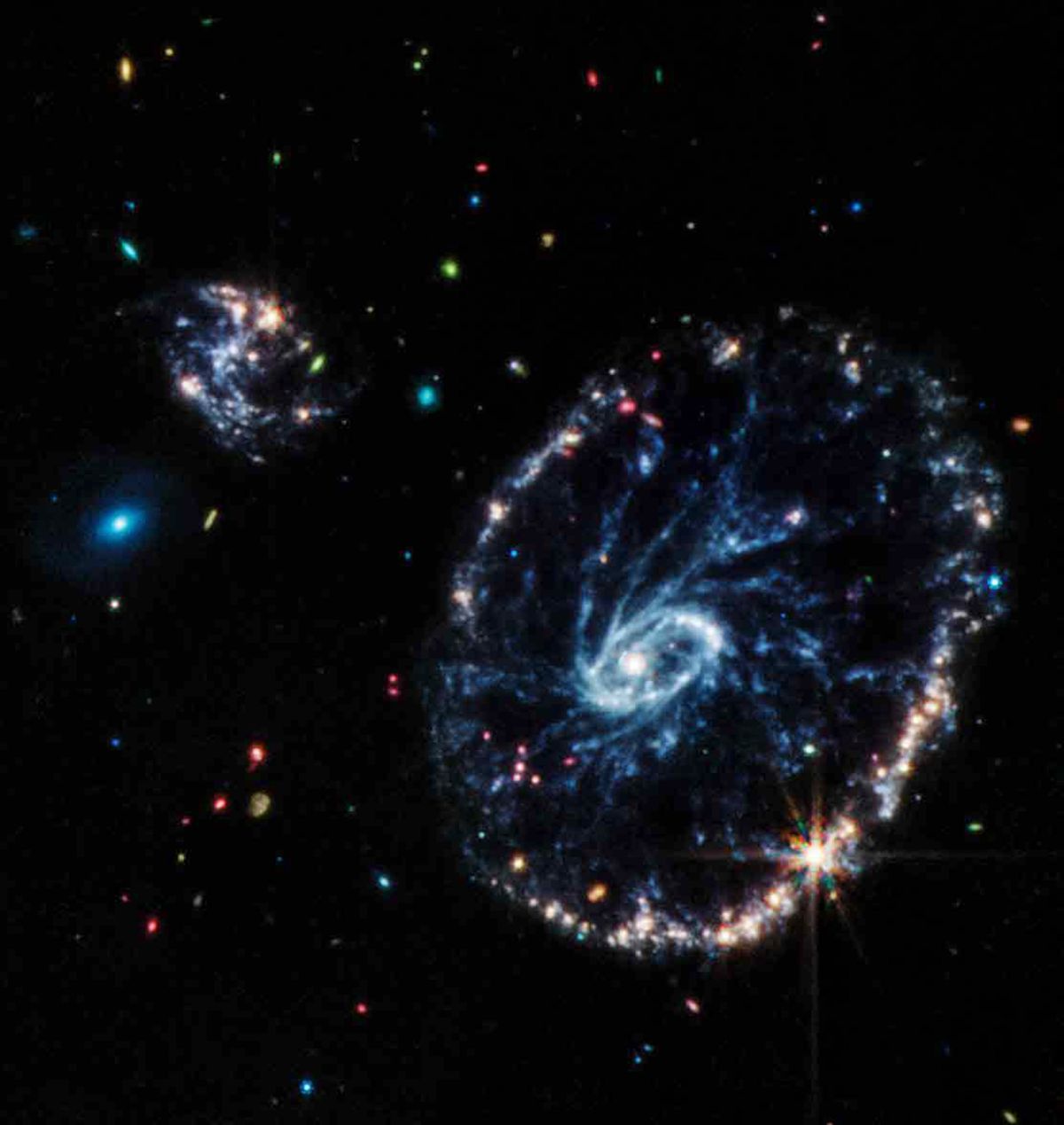 In an undated image provided by NASA, ESA, CSA, STScI, and Webb ERO Production Team, the Cartwheel galaxy seen by the James Webb Space Telescope. The MIRI instrument on the Webb telescope was used to reveal the galaxy’s dusty regions and young stars. (NASA, ESA, CSA, STScI, and Webb ERO Production via The New York Times) – FOR EDITORIAL USE ONLY. --  (NASA ESA CSA STSCI AND WEBB ERO PRODUCTION)