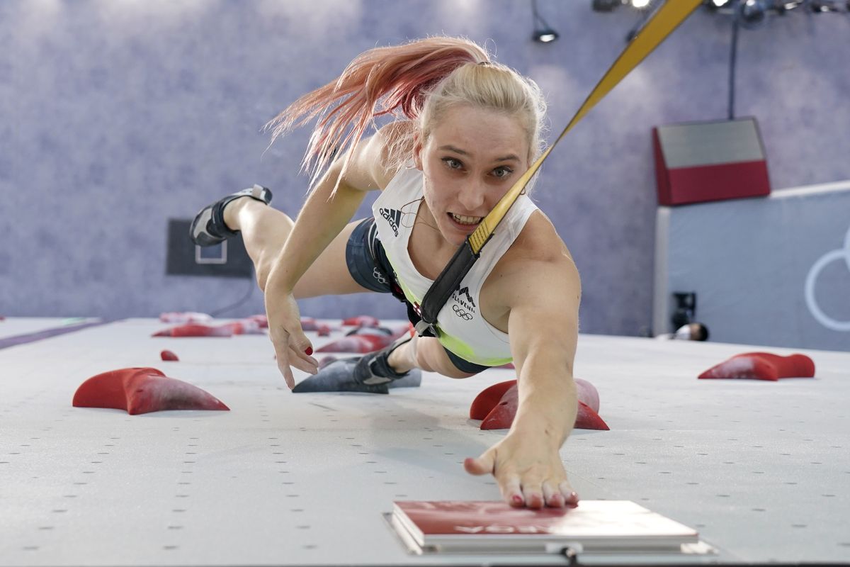 Janja Garnbret, of Slovenia, participates during the speed qualification portion of the women’s sport climbing competition at the 2020 Summer Olympics, Wednesday, Aug. 4, 2021, in Tokyo, Japan.  (Tsuyoshi Ueda)