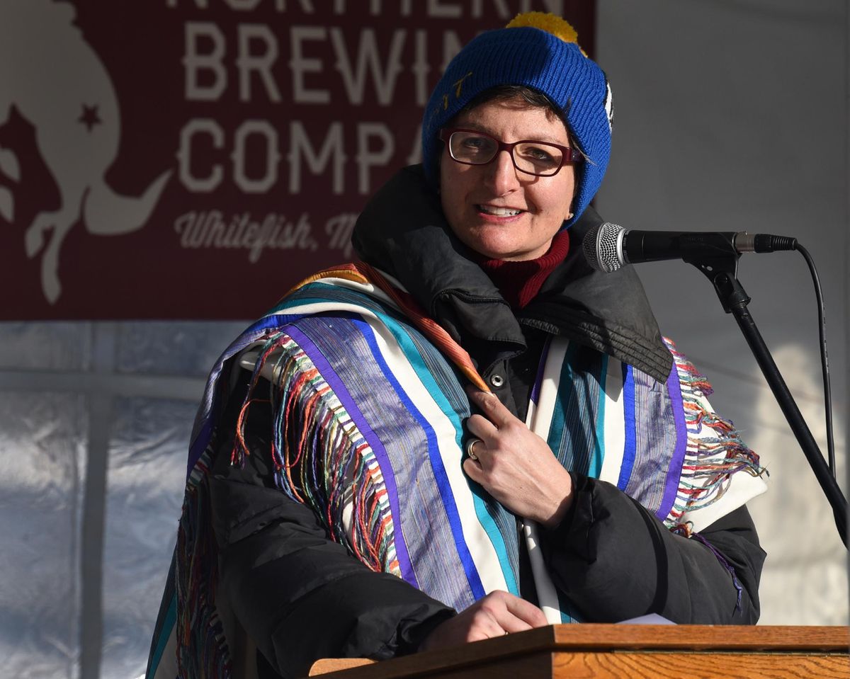 Whitefish Rabbi Francine Roston addresses the crowd at the "Love Not Hate" rally in Whitefish, Montana in January 2017. (KURT WILSON, Missoulian)