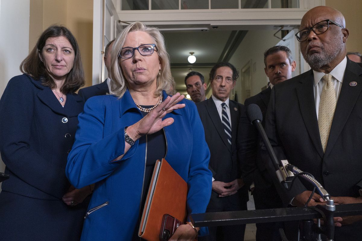 FILE —In this July 27, 2021 file photo Rep. Liz Cheney, R-Wyo., speaks to the media, with from left, Rep. Elaine Luria, D-Va., Cheney, Rep. Pete Aguilar, D-Calif., Rep. Jamie Raskin, D-Md., Rep. Adam Kinzinger, R-Illi., and Chairman Rep. Bennie Thompson, D-Miss., after the first hearing of the House Select committee to investigate the January 6 attack on the U.S. Capitol, on Capitol Hill in Washington. Republican officials in Wyoming