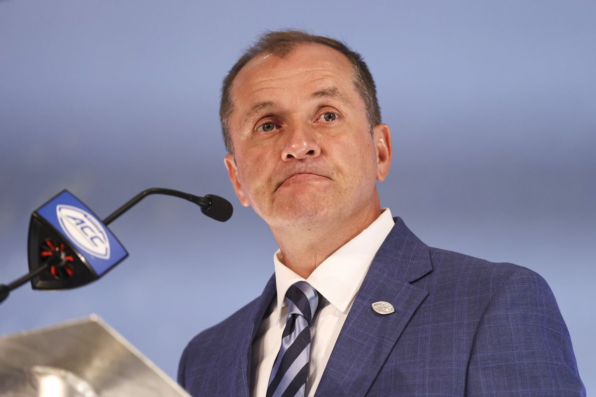 Atlantic Coast Conference commissioner Jim Phillips listens to a question during a press conference at the NCAA college football ACC media days in Charlotte, N.C., Wednesday, July 21, 2021.  (Associated Press)