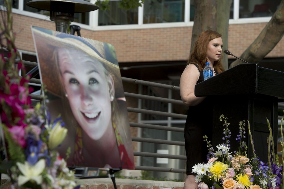 In this July 1, 2019, photo, Ashley Fine speaks during a vigil for Mackenzie Lueck at the university in Salt Lake City. A tech worker pleaded guilty Wednesday, Oct. 7, 2020, in the death of Lueck, more than a year after her disappearance sparked a large-scale search that ended with the discovery of her charred remains in his backyard. Ayoola A. Ajayi is expected to be sentenced to life in prison without the possibility of parole.  (Jeremy Harmon/Associated Press)