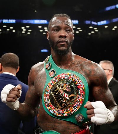 In this March 3, 2018, photo, Deontay Wilder poses for photographs after the WBC heavyweight champion defeated Luis Ortiz in New York. Wilder is slated to defend his title May 18, 2019, at Barclays Center in New York, against mandatory challenger Dominic Breazeale. (Frank Franklin II / Associated Press)