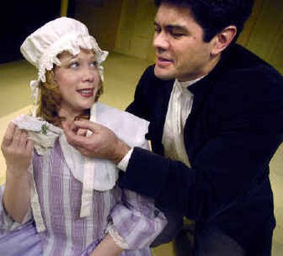 
Emilia (Gretchen Oyster) has her handkerchief admired by Lago (Alex Robertson) during the Spokane Interplayers production of 