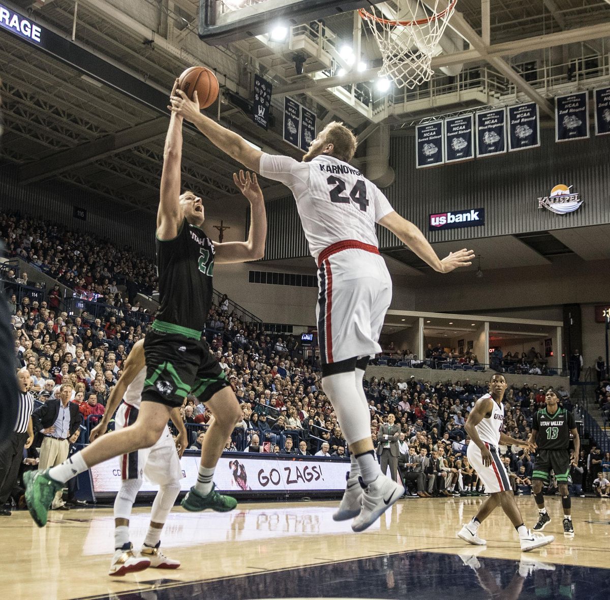 Gonzaga center Przemek Karnowski blocks the shot of Utah Valley center Isaac Nelson, Nov. 11 , 2016, at the McCarthey Athletic Center. (Dan Pelle / The Spokesman-Review)