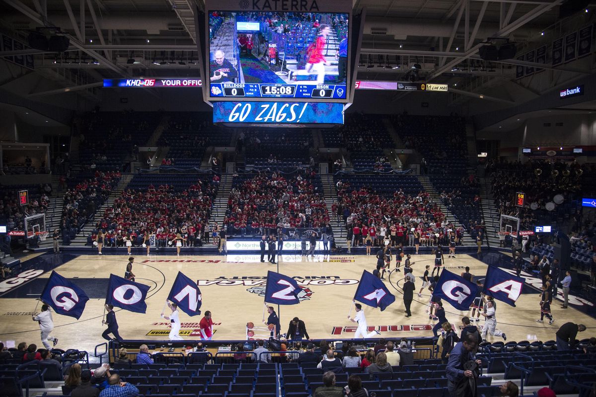 Gonzaga cheerleaders take the floor before the Howard game, Tuesday, Nov. 14, 2017, at the McCarthey Athletic Center in Spokane, Wash. (Dan Pelle / The Spokesman-Review)