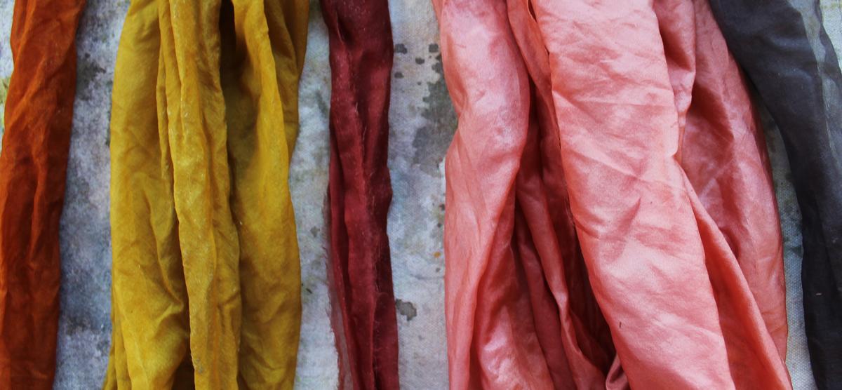 Author and natural dye expert Sasha Duerr makes what she calls “compost color” dyes using onion skins and avocado pits with alum, iron and soda ash, with hues and shades that vary depending on which mordants and modifiers are used. (Associated Press)