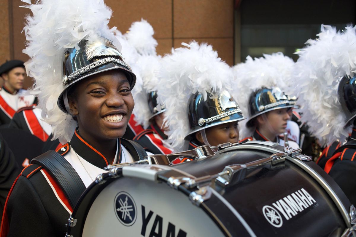 La La Duke plays bass drum with the West Valley High School band in the NYC Veterans Day parade, Friday, Nov. 11, 2016. (Photo courtesy of Craig Goodwin / SR)