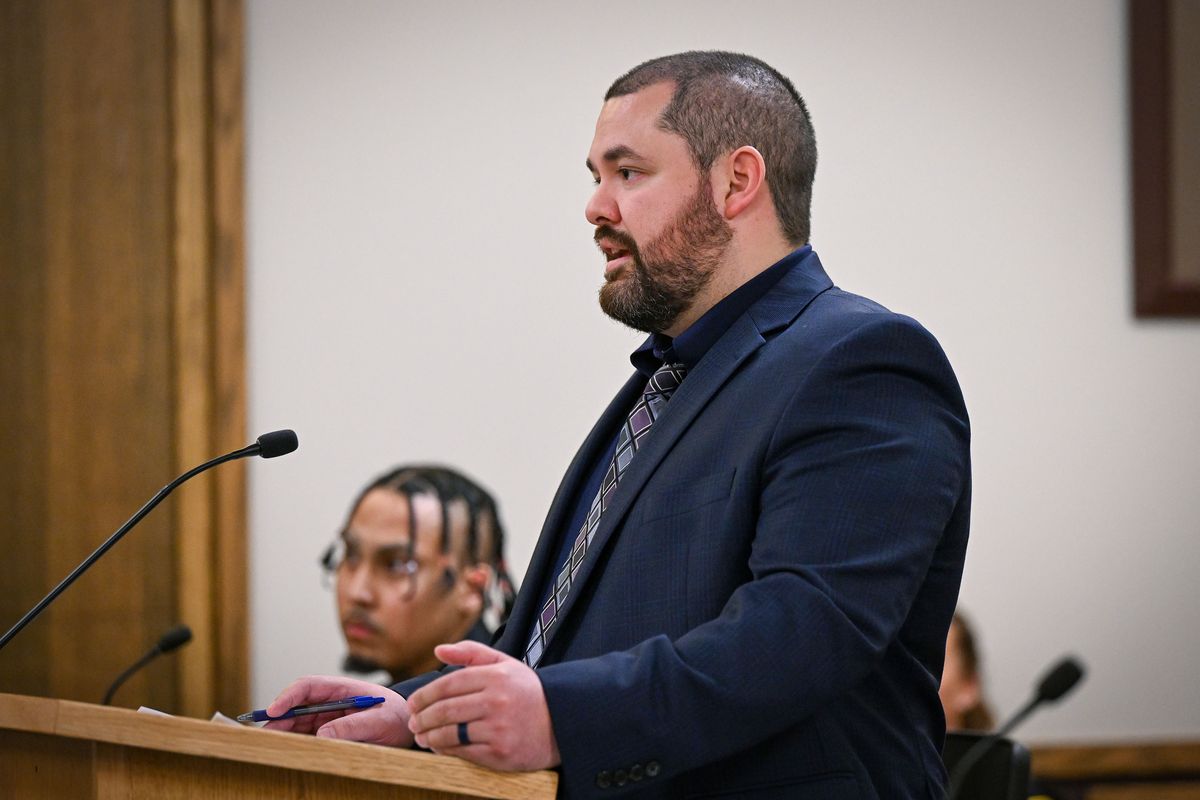 Deputy prosecuting attorney Preston McCollam presents to Judge Tony Hazel, Friday afternoon, March 15, 2024, in the Spokane County Courthouse.  (DAN PELLE/THE SPOKESMAN-REVIEW)