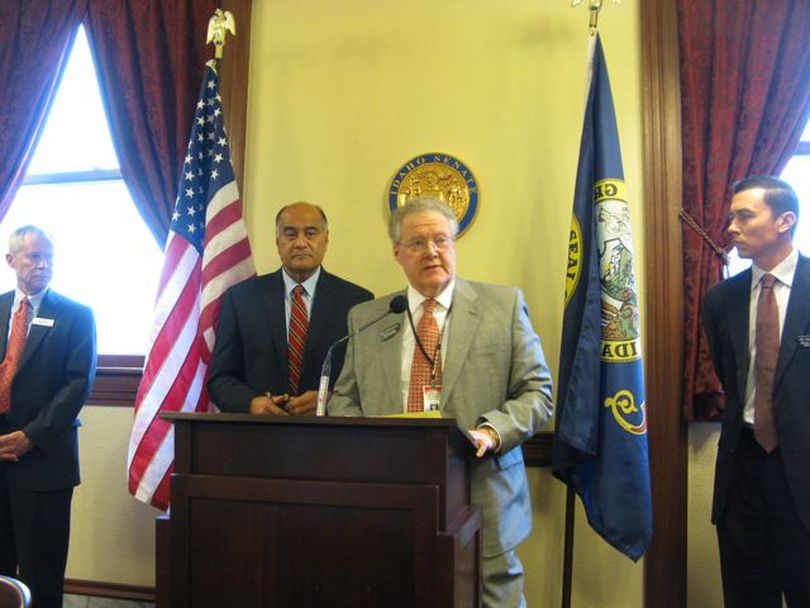House Minority Leader John Rusche, D-Lewiston, speaks at a press conference Wednesday at which House and Senate Democrats called for starting over on state schools Supt. Tom Luna's proposed school reform plan. (Betsy Russell)