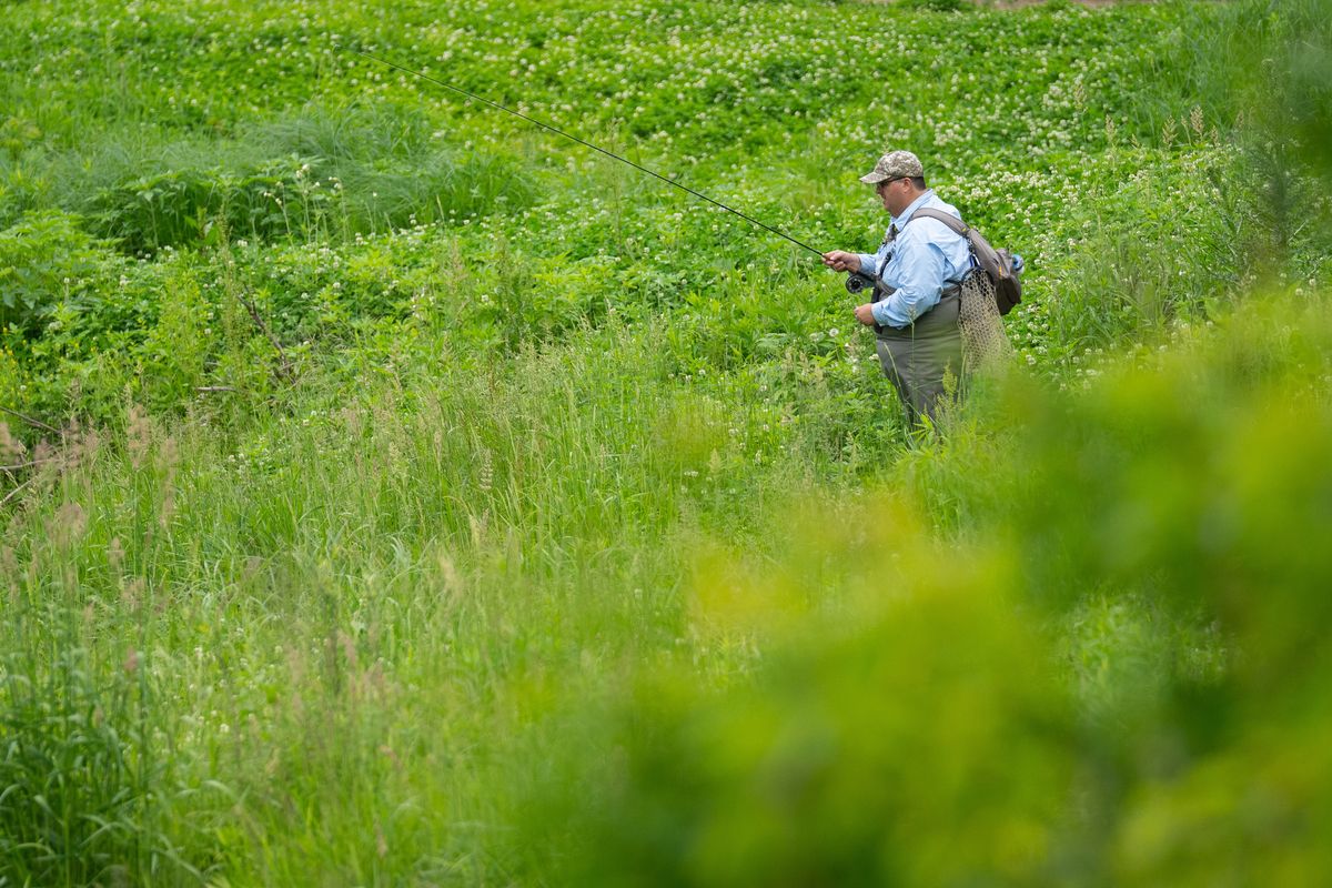 A fisherman fly fishes for trout near Westby, Wis., last week. Public television and public radio rely on public support from Republicans and Democrats in swing areas like western Wisconsin. With polarized views of public media becoming more common, the funding future of public media is uncertain. (Kayla Wolf/For The Washington Post)