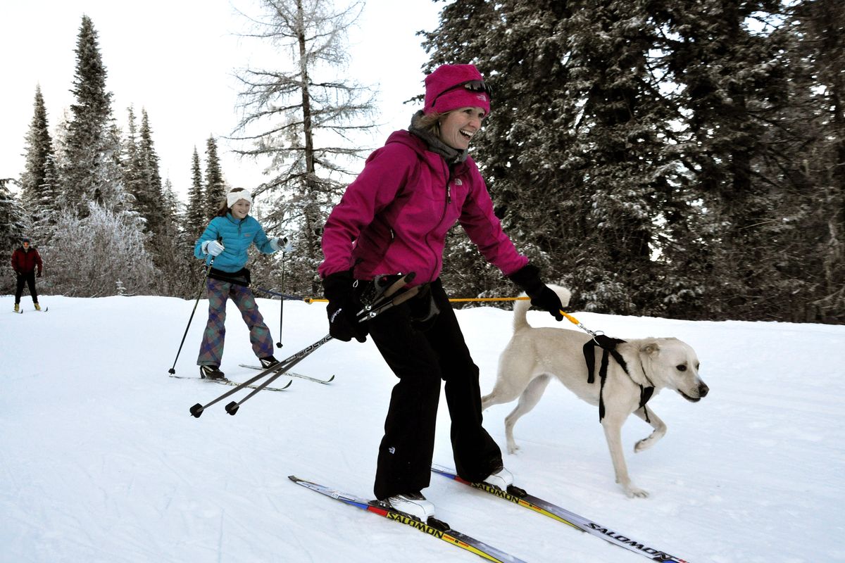 Robyn McGinnity leads her dog, Millie, and her daughter, Mia, on the family’s first try at skijoring during a free clinic at Winterfest held Sunday at Mount Spokane. (Rich Landers)