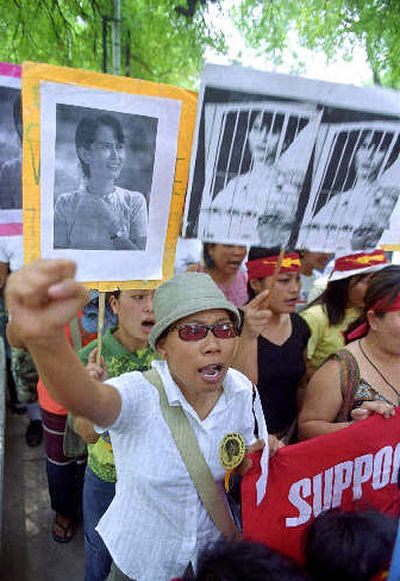 
Activists rally in New Delhi, India, on Saturday to draw attention to Myan- mar's pro-democracy leader Aung San Suu Kyi, who marks her 3,523rd day under military detention today. 
 (Associated Press / The Spokesman-Review)
