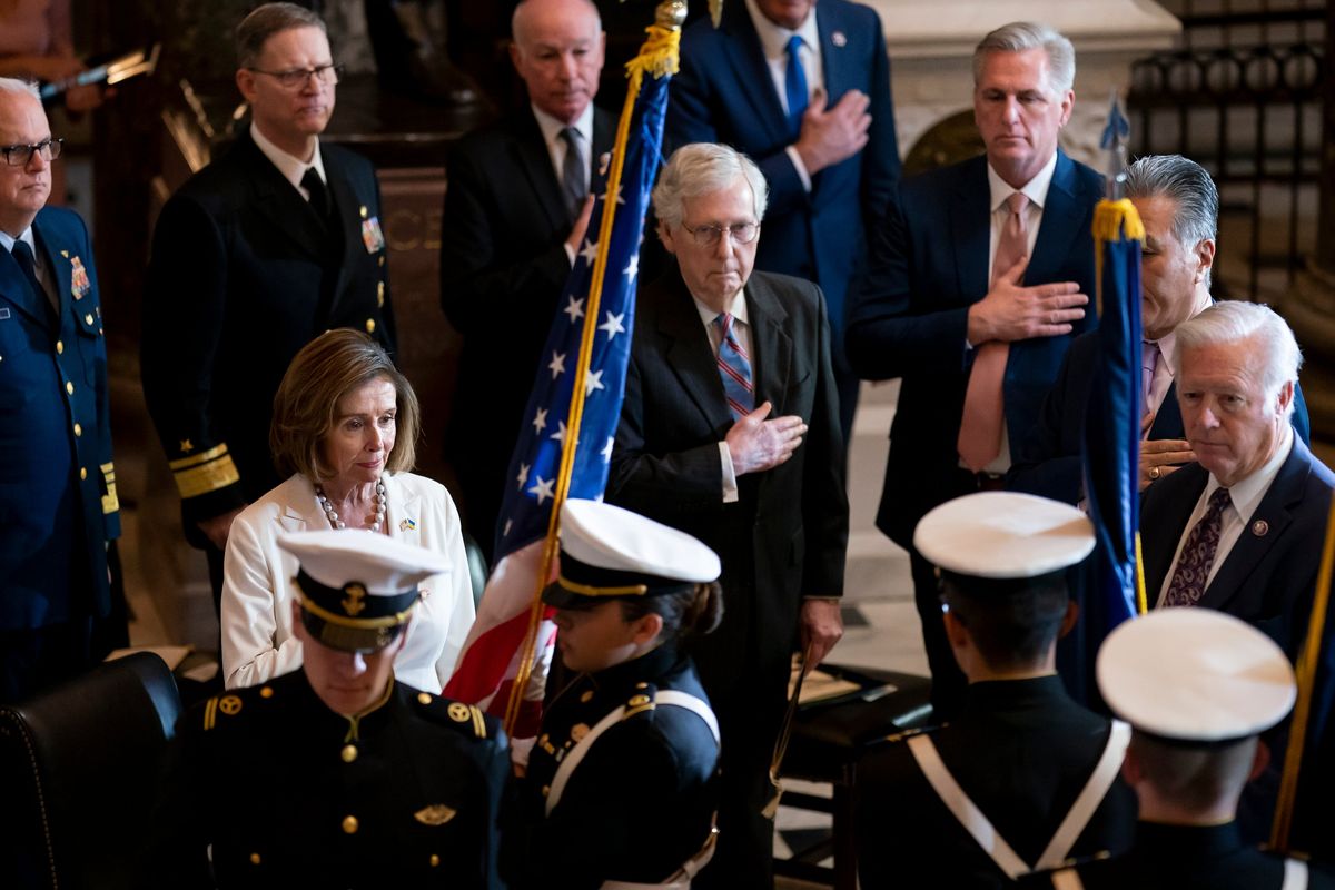 Speaker of the House Nancy Pelosi, D-Calif., Senate Minority Leader Mitch McConnell, R-Ky., and House Minority Leader Kevin McCarthy, R-Calif., stand together as they attend a Congressional Gold Medal ceremony to honor members of the Merchant Marine who served in World War II, at the Capitol in Washington, Wednesday, May 18, 2022.  (J. Scott Applewhite)