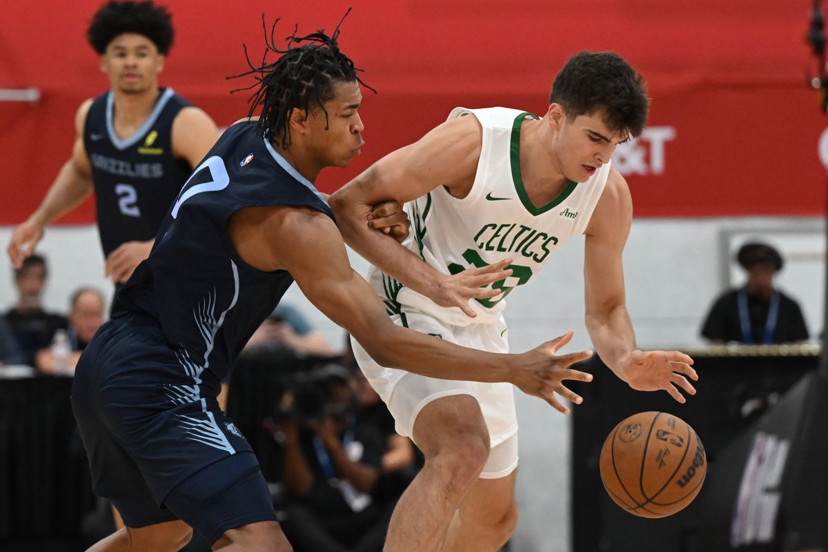 Memphis Grizzlies wing Jaylen Wells vies for the ball during a 2025 NBA Summer League basketball game against the Boston Celtics on Friday, Jul. 11, 2025, at Cox Pavilion in Las Vegas, Nev. (Tyler Tjomsland/The Spokesman-Review)