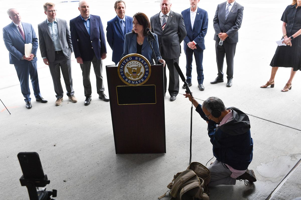 Sen. Maria Cantwell speaks during a press conference for federal grant funding of Spokane International Airport’s terminal expansion projection on July 6 at Spokane International Airport in Airway Heights, Wash.  (Tyler Tjomsland/The Spokesman-Review)
