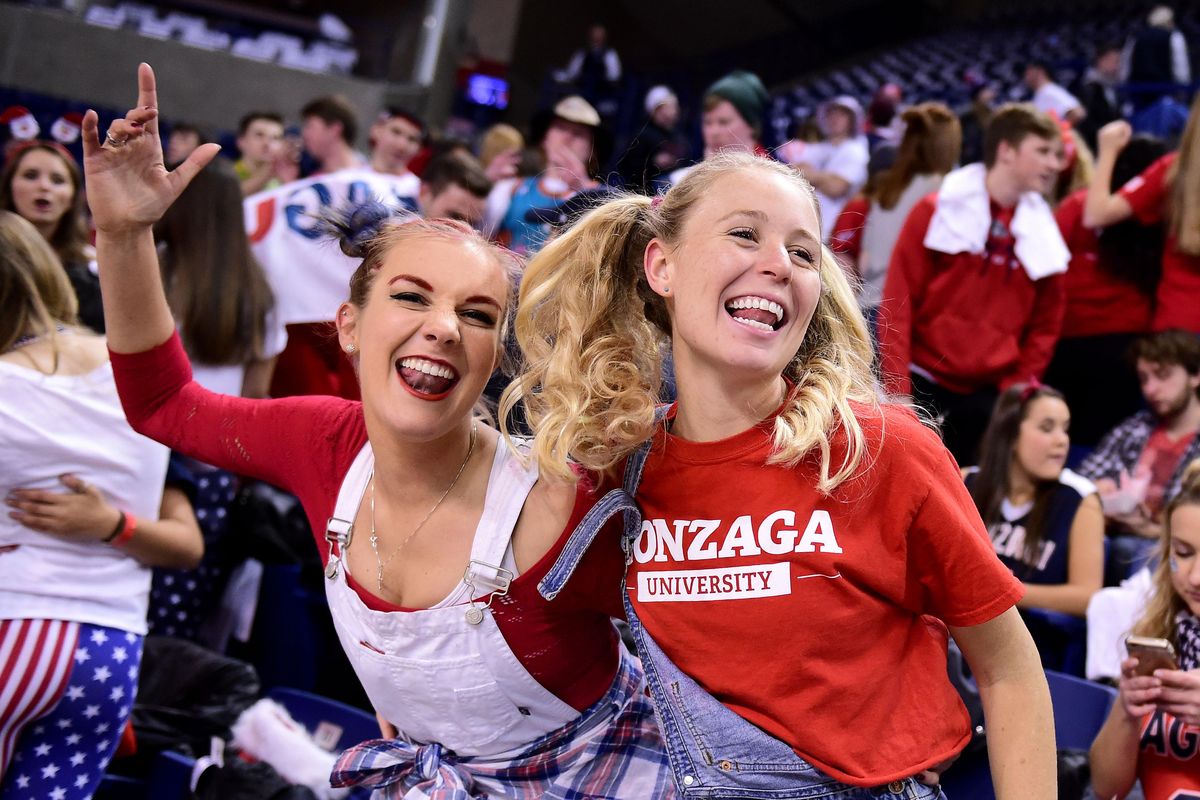 Tristana Leist, left, and Colleen Donoghue get their school spirit up before Wednesday’s big game with Washington. (Colin Mulvany / The Spokesman-Review)