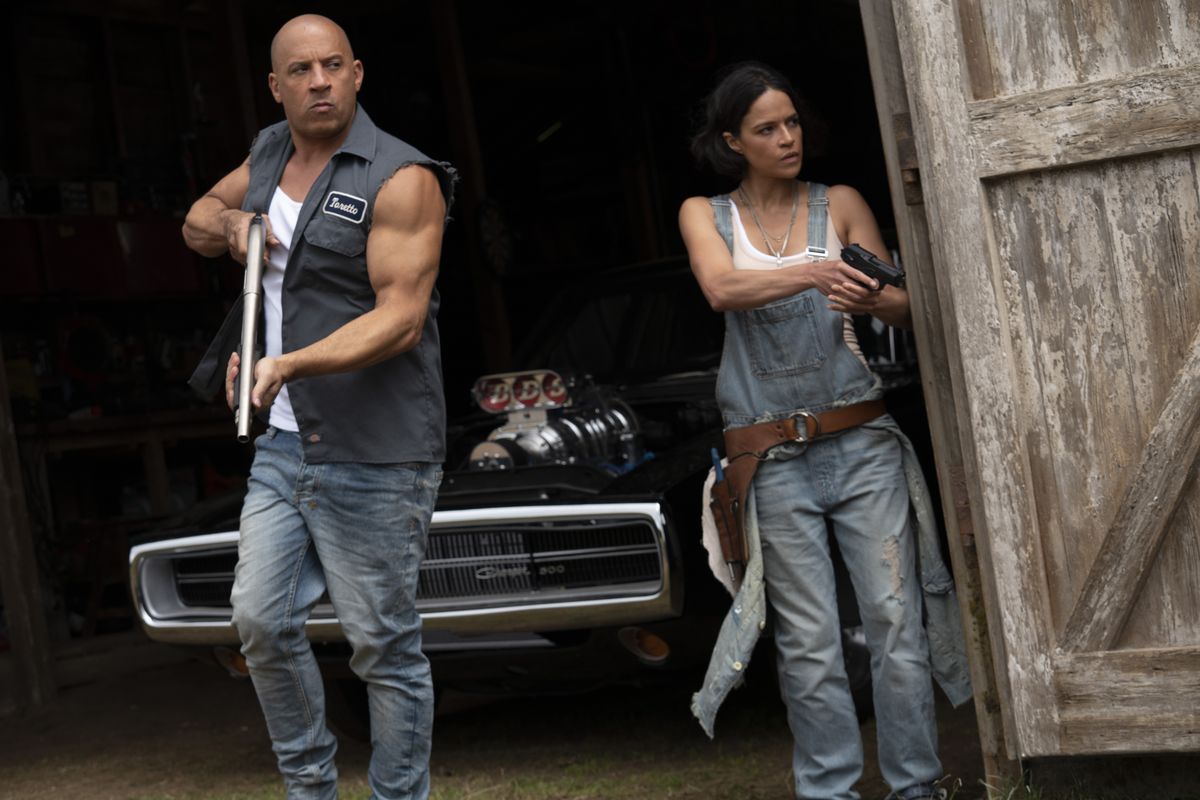 Dom (Vin Diesel) and Letty (Michelle Rodriguez) in "F9."  (Giles Keyte/Universal Pictures)