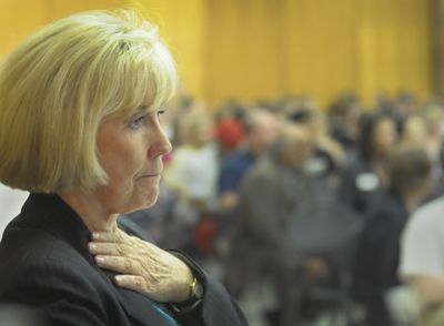 Lilly Ledbetter gathers her thoughts prior to talking to an audience Wednesday at Eastern Washington University.  (CHRISTOPHER ANDERSON / The Spokesman-Review)