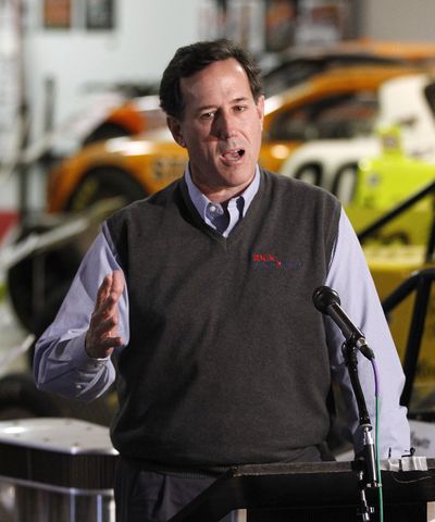 Republican Rick Santorum speaks at the National Sprint Car Hall of Fame on Saturday in Knoxville, Iowa. (Associated Press)