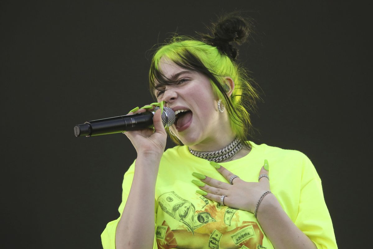 In this Oct. 5, 2019, photo, Billie Eilish performs during the first weekend of the Austin City Limits Music Festival in Zilker Park in Austin, Texas. Eilish will perform at this month