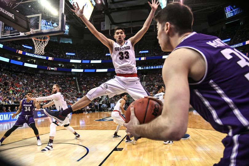 Gonzaga forward Killian Tillie (33) defends the in-bounds pass from Northwestern guard Bryant McIntosh, right, during their NCAA second round game, March 18, 2017, in Salt Lake City. Dan Pelle/THE SPOKESMAN-REVIEW  