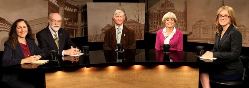 From left, Betsy Russell, Jim Weatherby, Steven Thayn, Janie Ward-Engelking, and host Melissa Davlin on Idaho Public TV's 