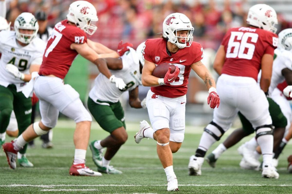 Washington State Cougars running back Kannon Katzer (28) runs the ball toward the endzone on WSU’s final drive during the second half of a college football game on Saturday, Sept. 17, 2022, at Martin Stadium in Pullman, Wash. WSU won the game 38-7.  (Tyler Tjomsland / The Spokesman-Review)