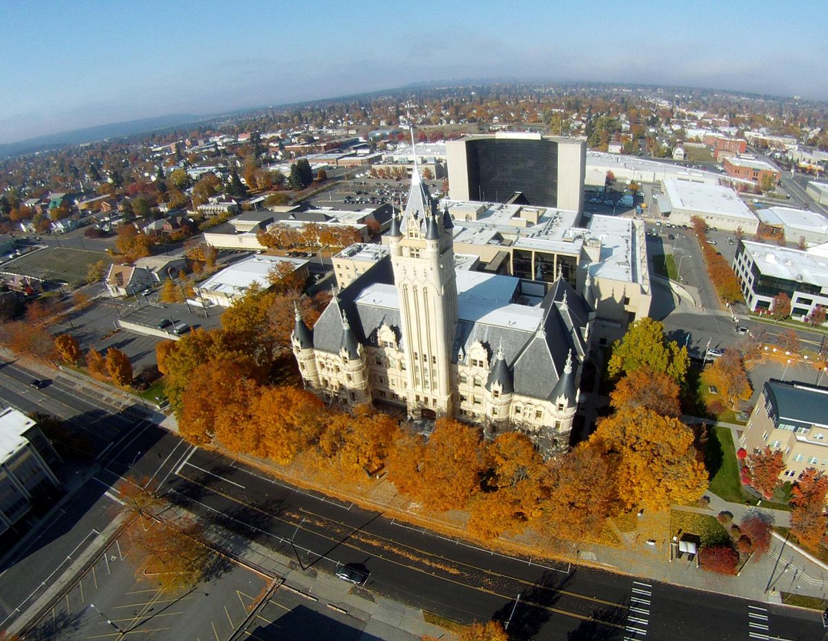 This aerial photo shows the Spokane County Courthouse on Oct. 26, 2013, in front of the Public Safety Building and the Spokane County Jail. Spokane police say an intern in the city prosecutor’s office was assaulted Tuesday morning in a women’s restroom in the Public Safety Building. (Jesse Tinsley / The Spokesman-Review)