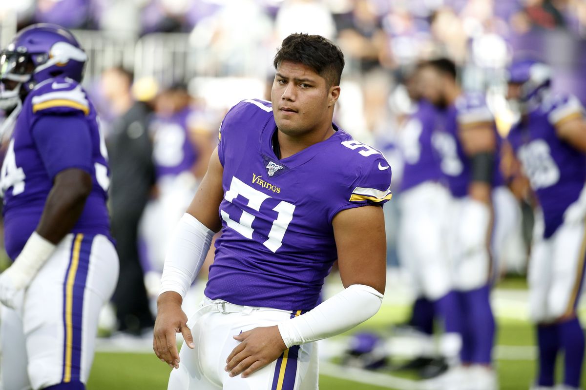 Minnesota Vikings defensive end Hercules Mata’afa warms up before an NFL preseason football game against the Seattle Seahawks on Aug. 18, 2019, in Minneapolis.  (Associated Press)