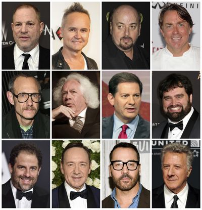 This combination photo shows, top row from left, film producer Harvey Weinstein, former Amazon Studios executive Roy Price, director James Toback, New Orleans chef John Besh, middle row from left, fashion photographer Terry Richardson, New Republic contributing editor Leon Wiseltier, former NBC News political commentator Mark Halperin, former Defy Media executive Andy Signore, and bottom row from left, filmmaker Brett Ratner, actor Kevin Spacey, actor Jeremy Piven and actor Dustin Hoffman. In the weeks since the string of allegations against Weinstein first began, an ongoing domino effect has tumbled through not just Hollywood but at least a dozen other industries. (Associated Press)