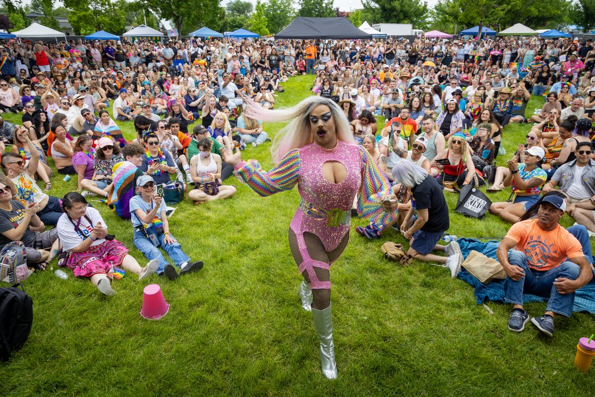 A drag queen performs for the crowd at the first-ever Pride festival in Nampa, Idaho, on June 9. MUST CREDIT: Kyle Green for The Washington Post  (Kyle Green/For the Washington Post)