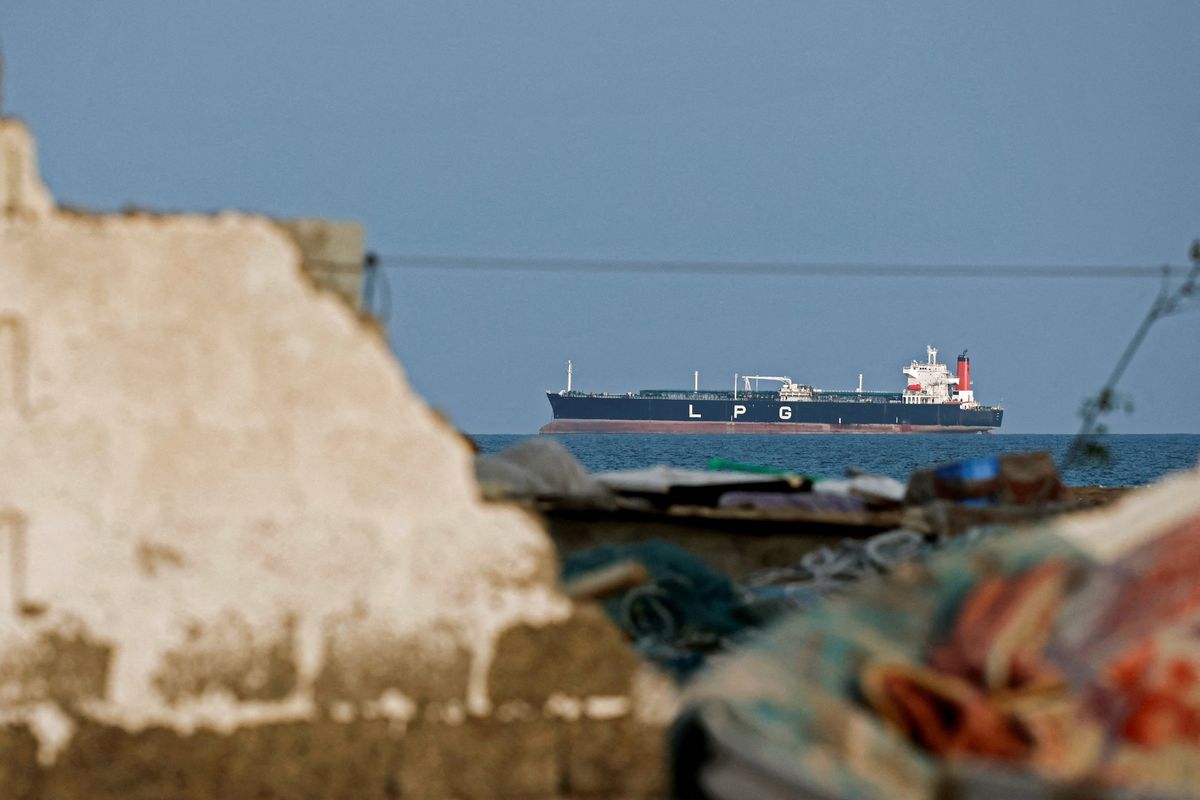 An LPG gas tanker at anchor as traffic is down in the Strait of Hormuz on Wednesday outside Oman, amid the U.S.-Israeli conflict with Iran.  (Benoit Tessier)