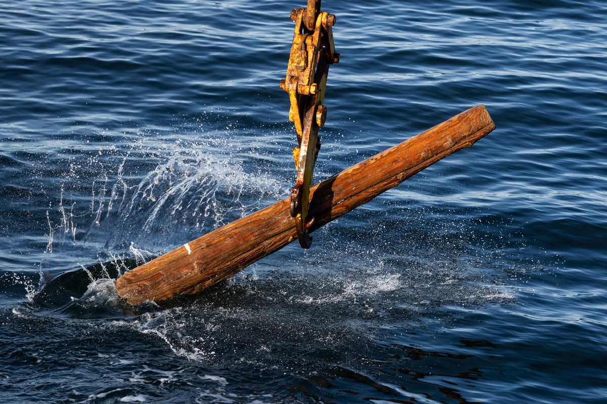 A log possibly swept out by a king tide is grabbed by a crane operator onboard the M/V Puget on Jan. 10 as the U.S. Army Corps of Engineers debris recovery vessel goes out on Puget Sound to pick up stray floating logs and things that could be a hazard to boat traffic.  (Ken Lambert/The Seattle Times/TNS)