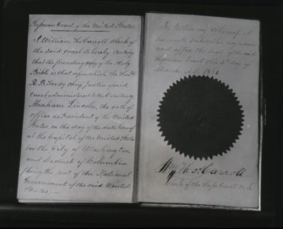 Abraham Lincoln assumed the Presidency and was sworn into office with his hand on this Oxford Bible, in 1861. Writing on these pages is attestation by W.T. Carroll, Clerk of the Supreme Court, that this book was used.