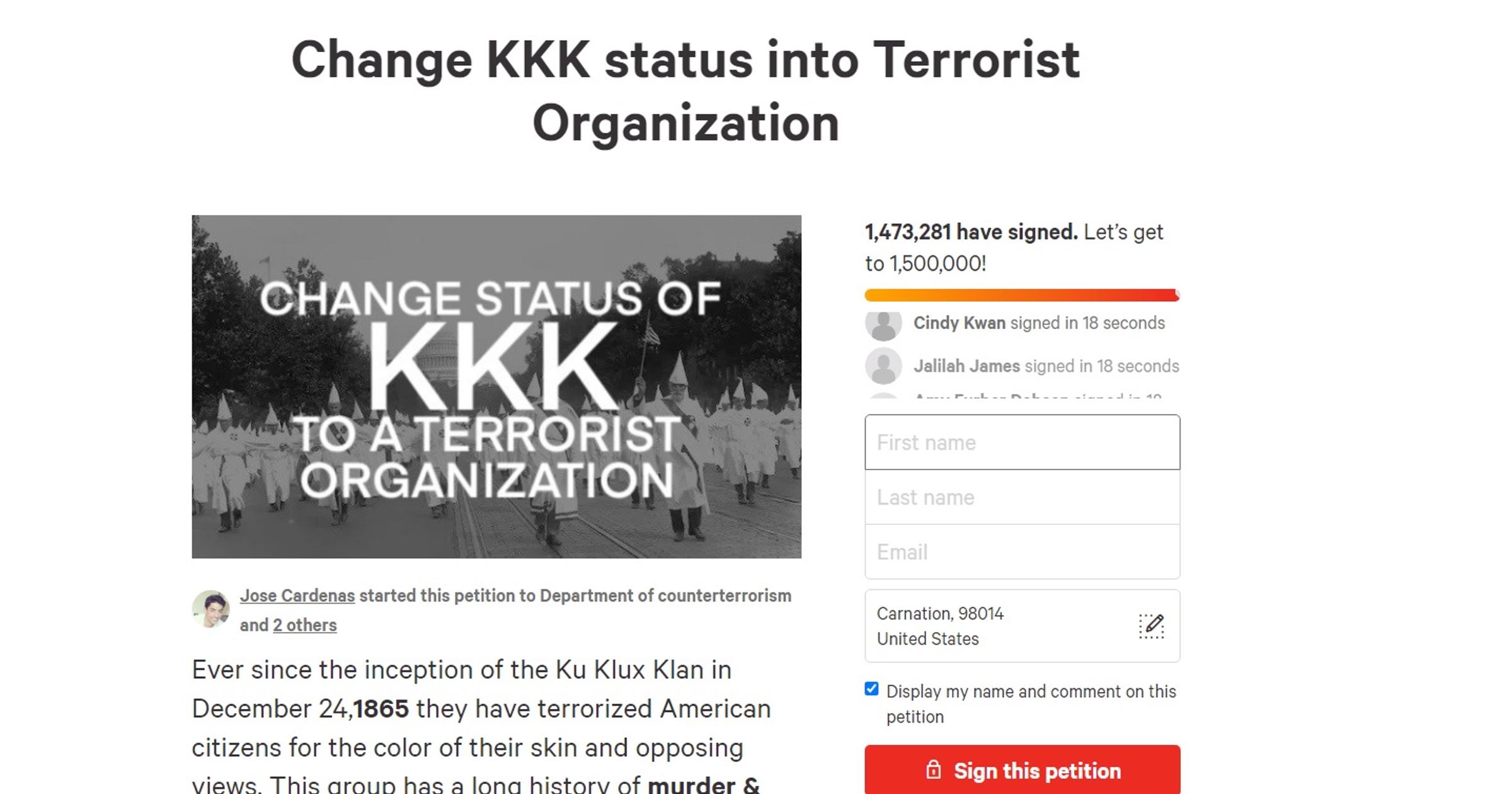 Washington man's petition to call KKK 'terrorist organization
