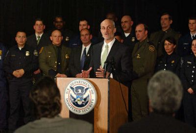 
Homeland Security Secretary Michael Chertoff speaks Wednesday in New York during a news conference urging Congress to reauthorize the Patriot Act. The House  sent the bill to the Senate. 
 (Associated Press / The Spokesman-Review)