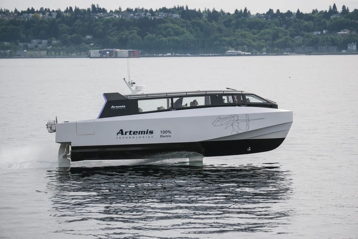 Artemis Technologies demonstrates a hydrofoil Tuesday on Elliott Bay in Washington’s Puget Sound. (Dean Rutz/Seattle Times)