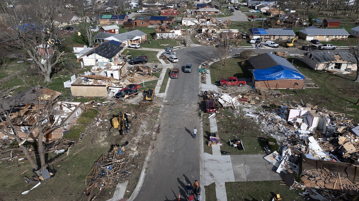 WINCHESTER, INDIANA - MARCH 15: An aerial view shows homes destroyed by a tornado on March 15, 2024 in Winchester, Indiana. At least three people have been reported killed after a series of tornadoes ripped through the midwest yesterday. (Photo by Scott Olson/Getty Images)  (Scott Olson)