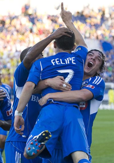 Impact’s Felipe Martin celebrates scoring a goal. (Associated Press)