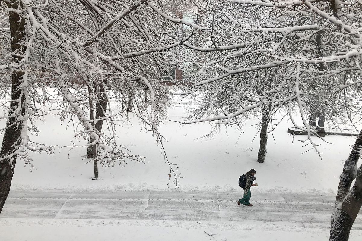 A student at Spokane Falls Community College heads to class during a winter snow storm, Thursday, Feb. 25, 2021, in Spokane, Wash.  (COLIN MULVANY/THE SPOKESMAN-REVIEW)