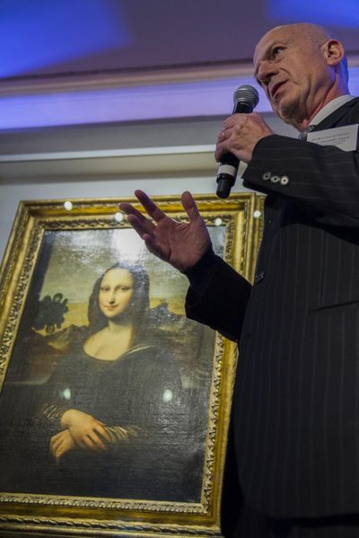 Professor Alessandro Vezzosi, director of the “Museo Ideale Leonardo da Vinci” in Italy, discusses the “Isleworth Mona Lisa” in Switzerland on Thursday. (Associated Press)
